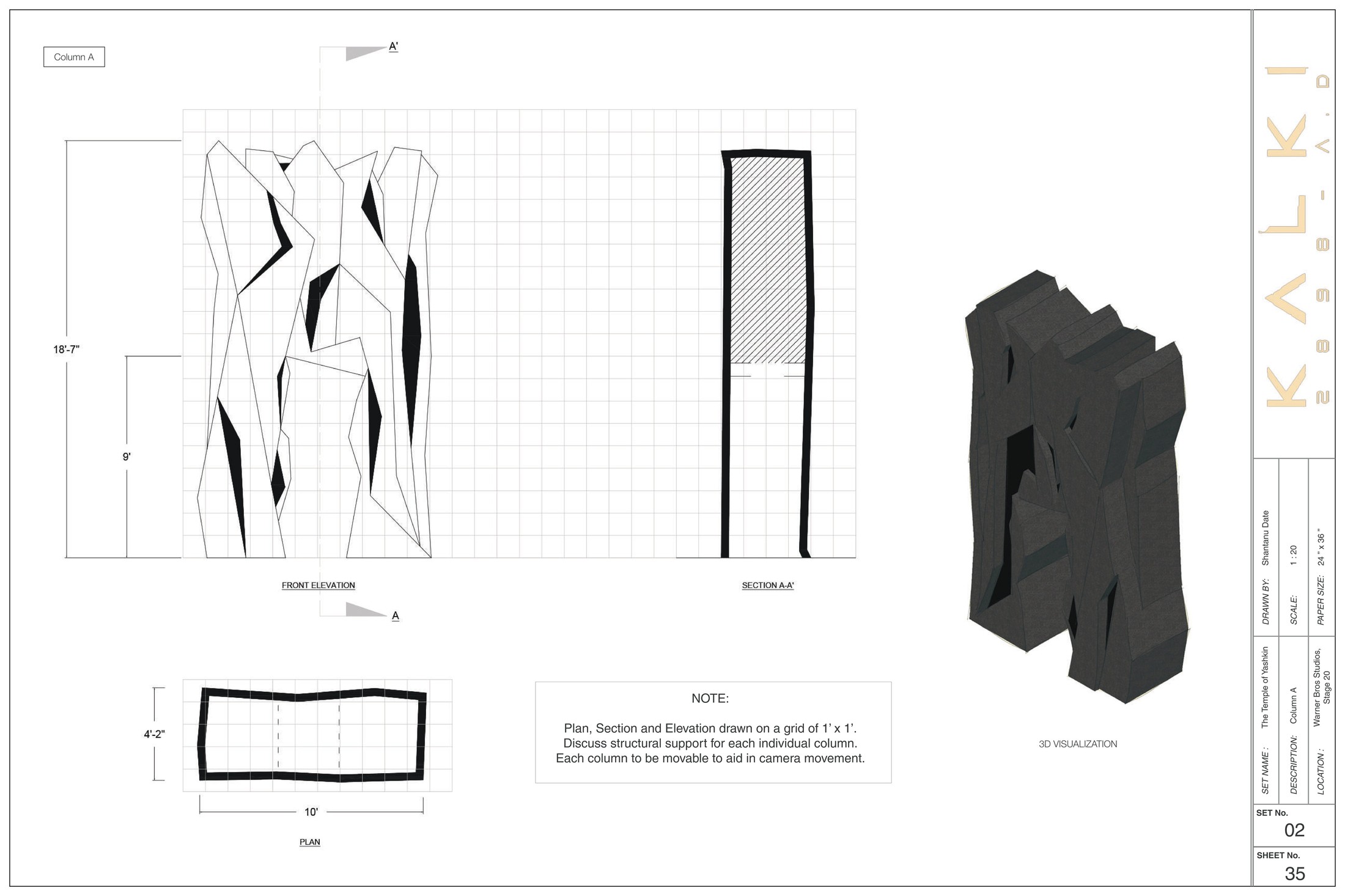 The Temple of Yashkin, Column A drawing with 3D visualization