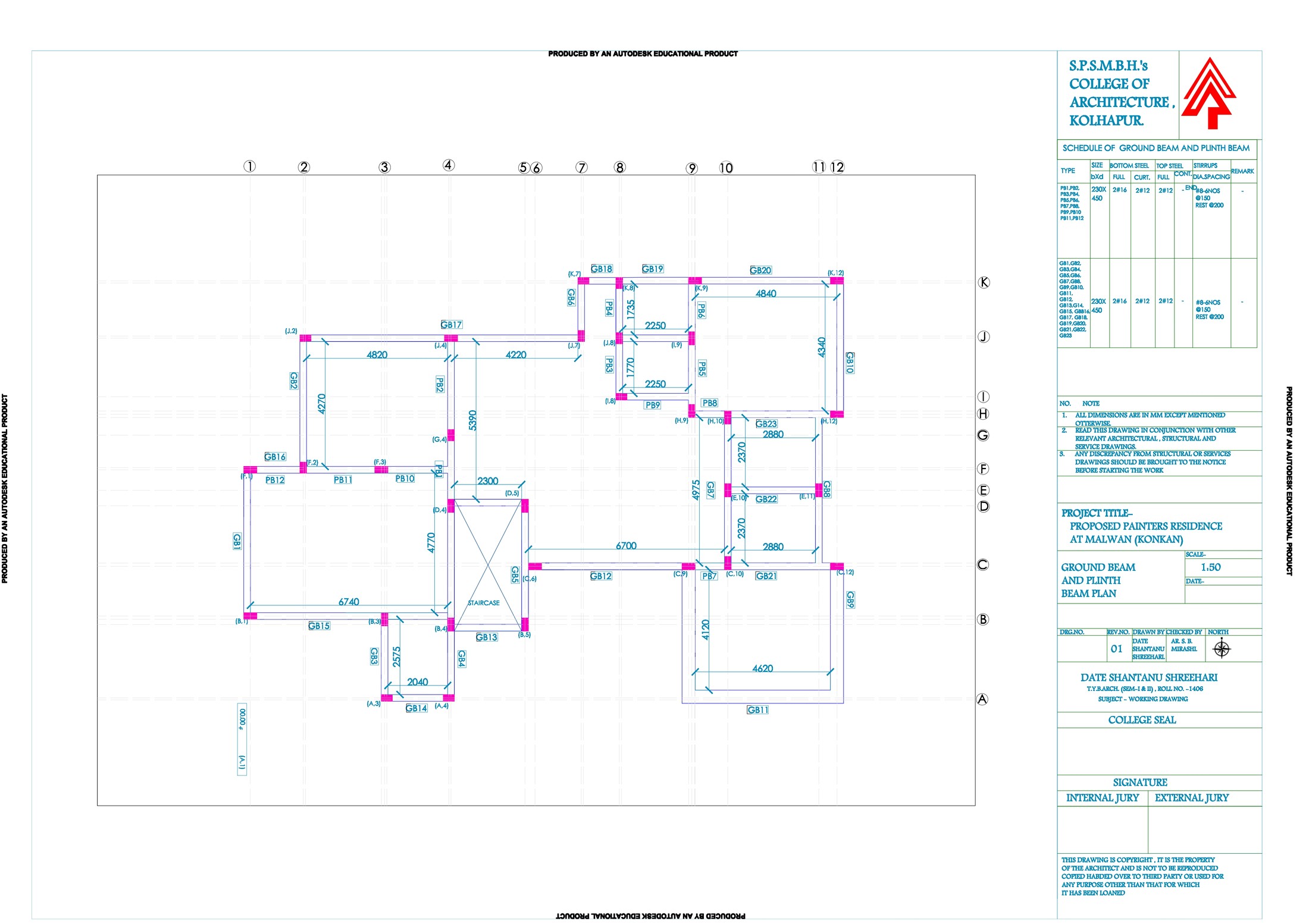 Painters Residence, ground beam and plinth beam plan