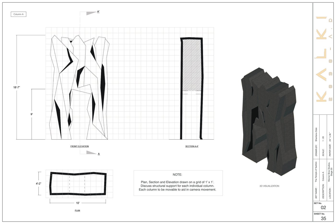 Technical column drawing with 3D visualization