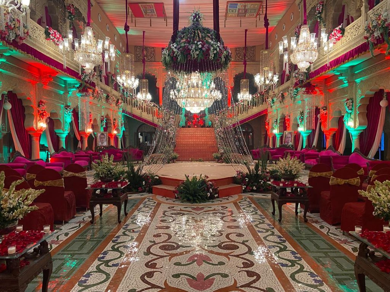 Grand hall with red and green lighting