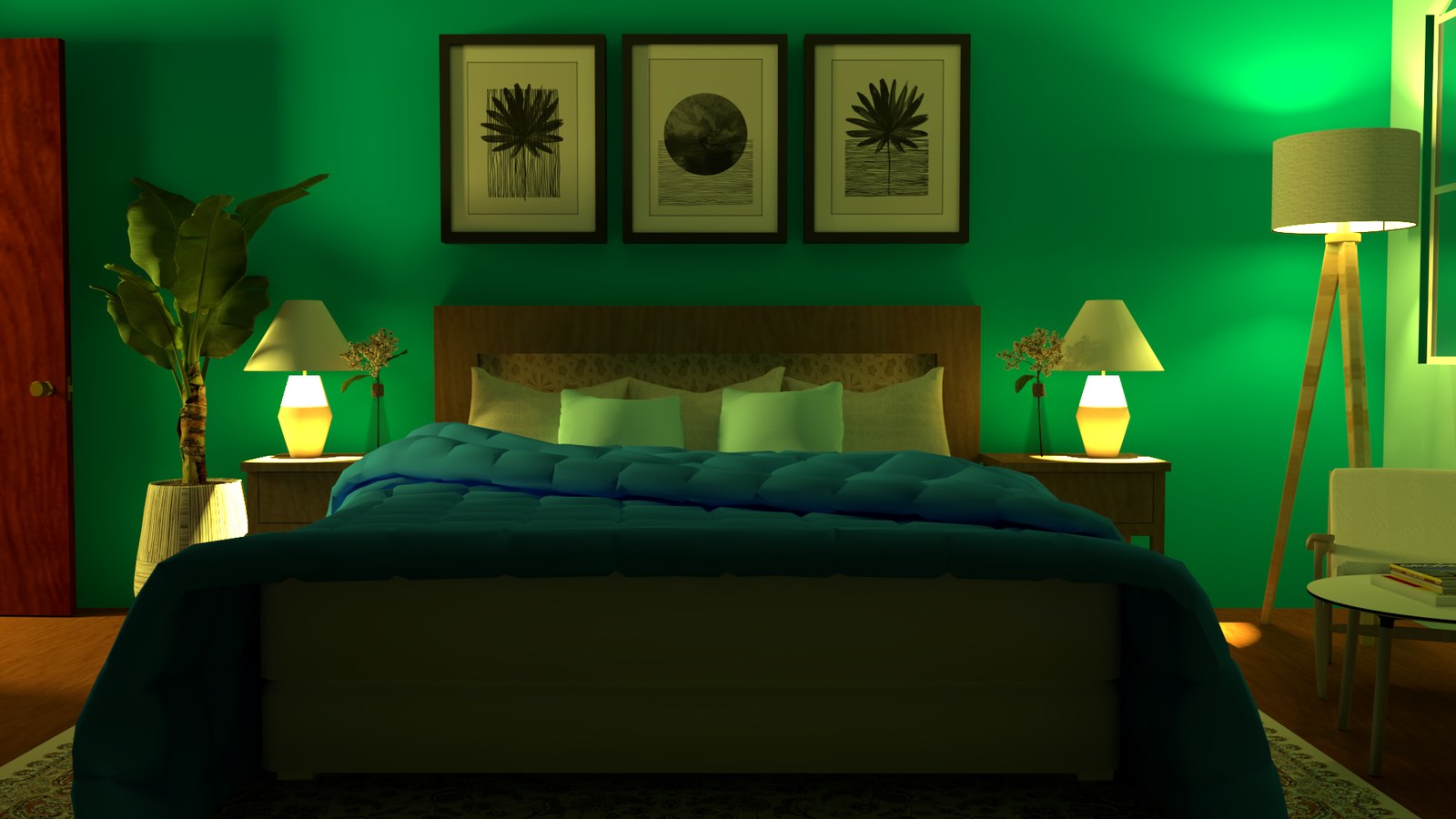 Bedroom render, green lit walls
