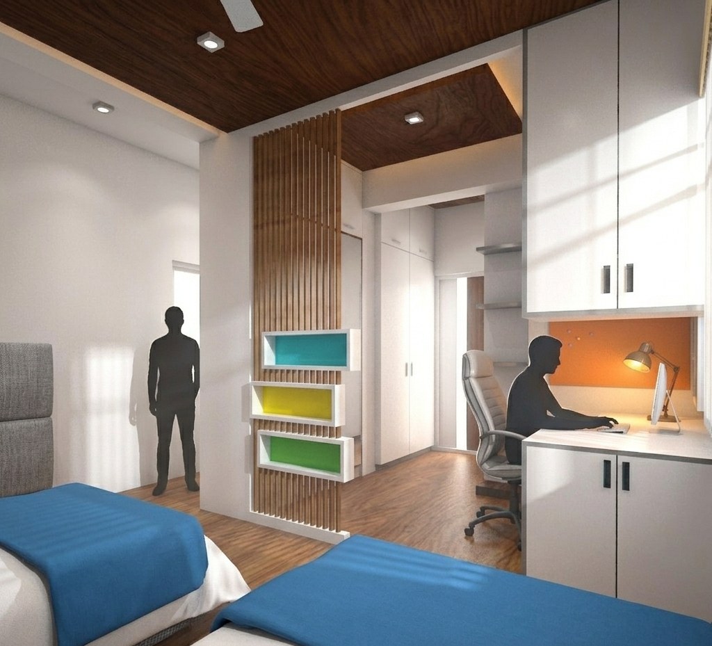 Dorm room render, colorful accents