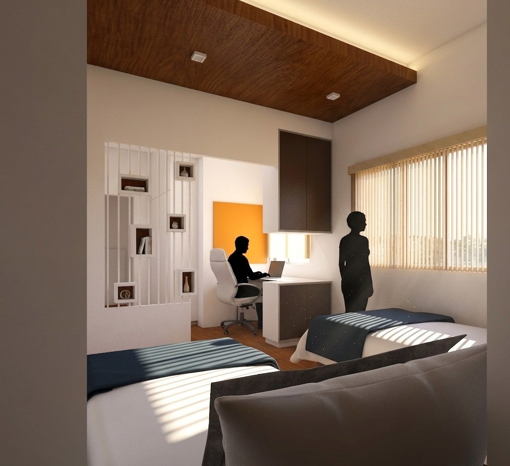Dorm room render, twin beds