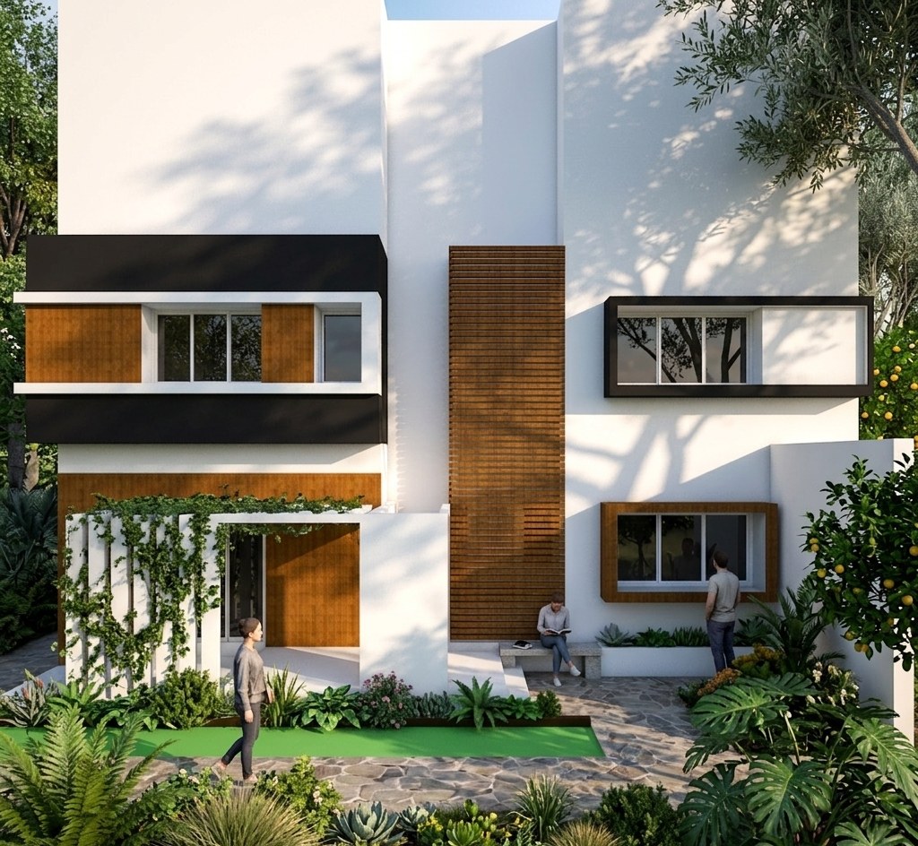 House exterior render, courtyard view