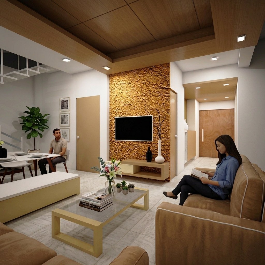Living room render, warm wood ceiling