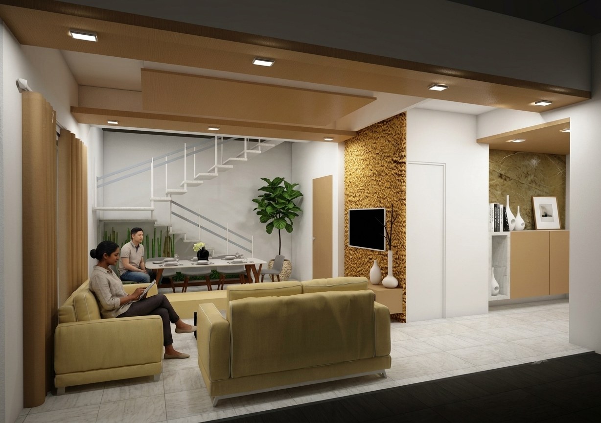 Living room render with staircase