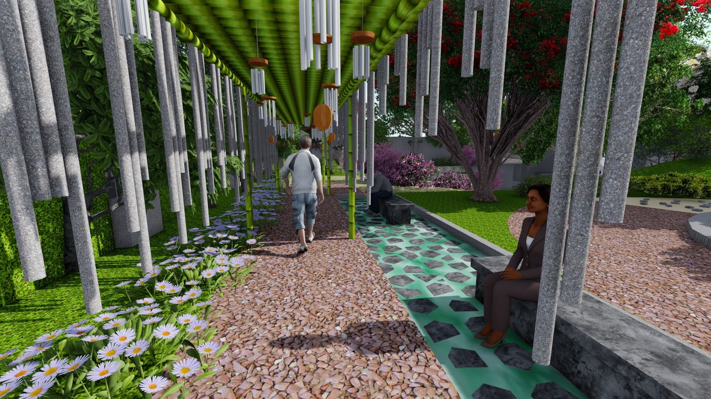 Therapy park render, pergola walkway