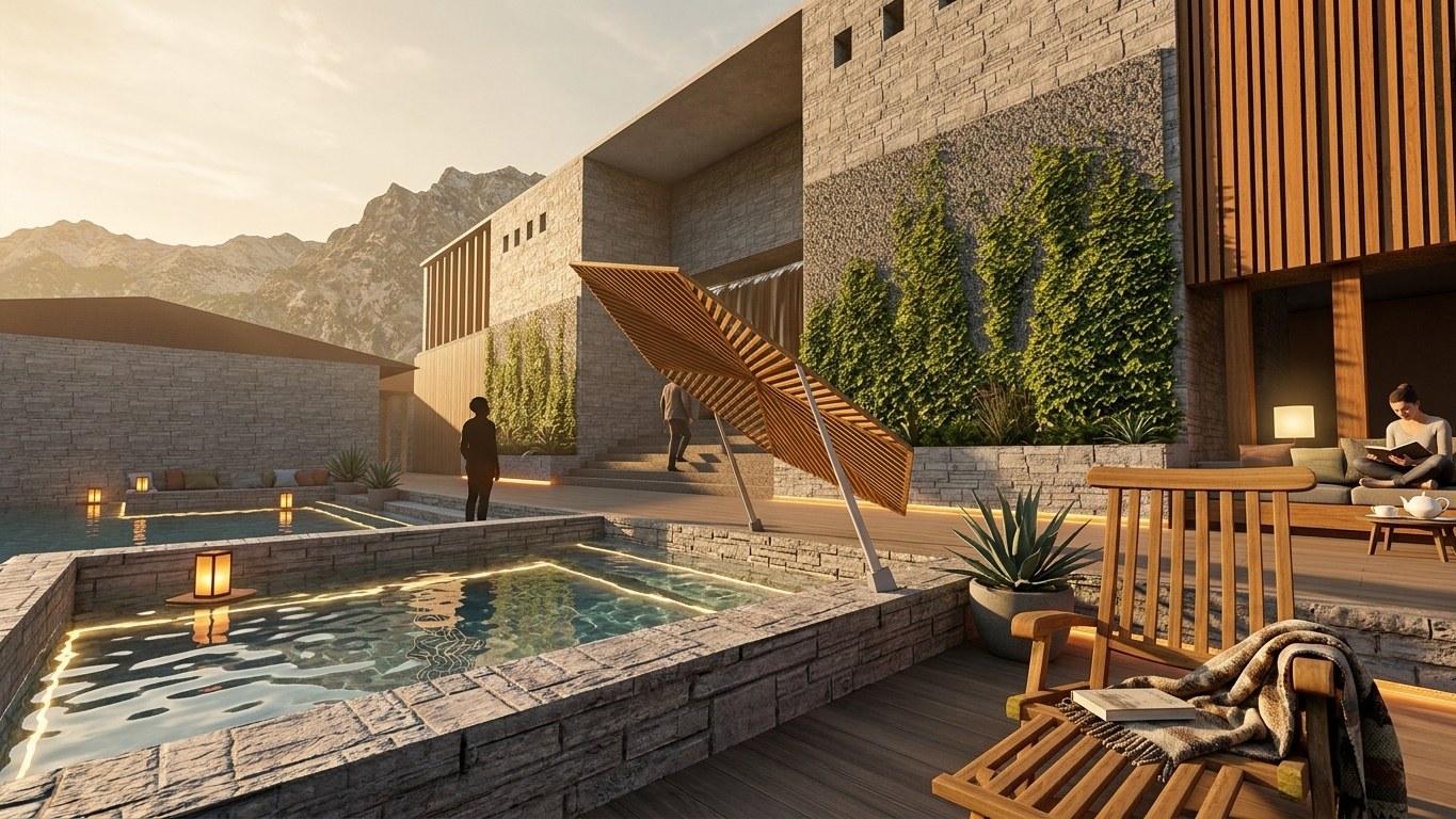 Pool terrace render, mountain view