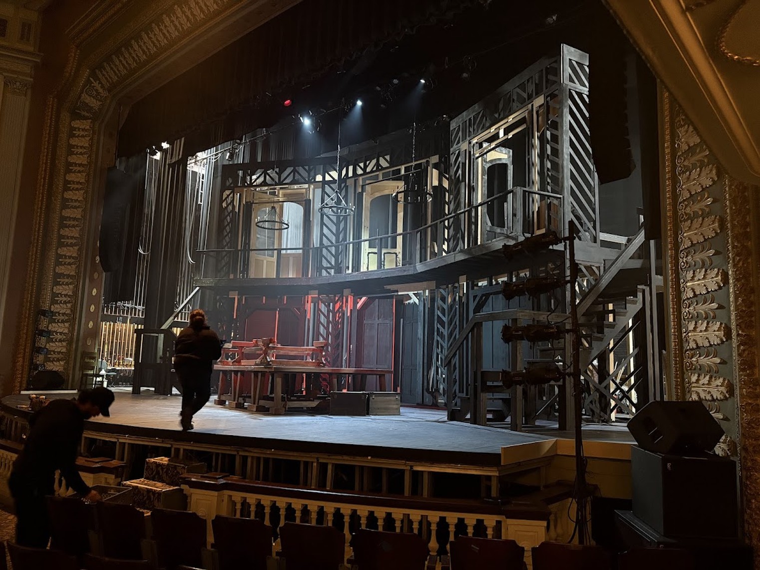 Full set framing under construction on the Lucas Theatre stage