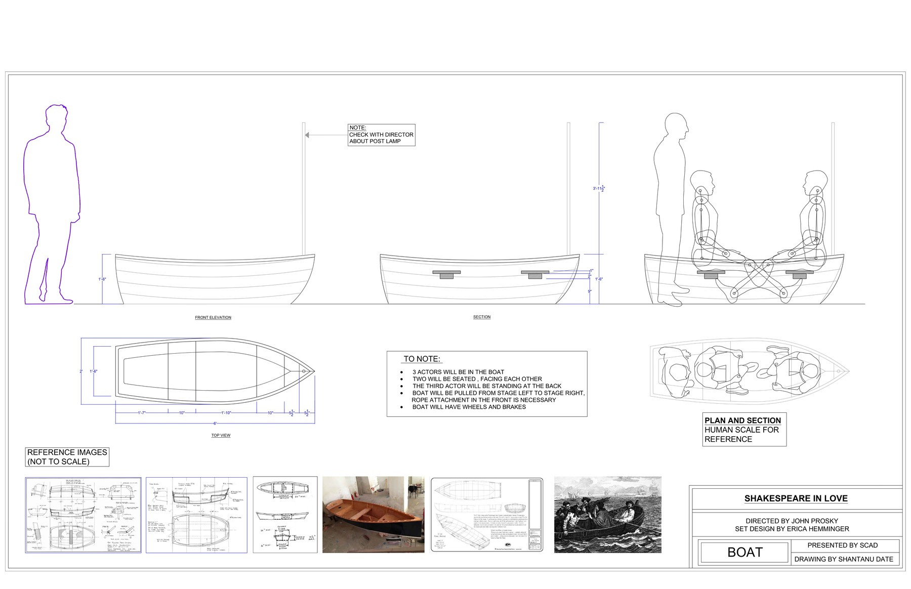 Technical drawing of the rowboat prop with human-scale reference