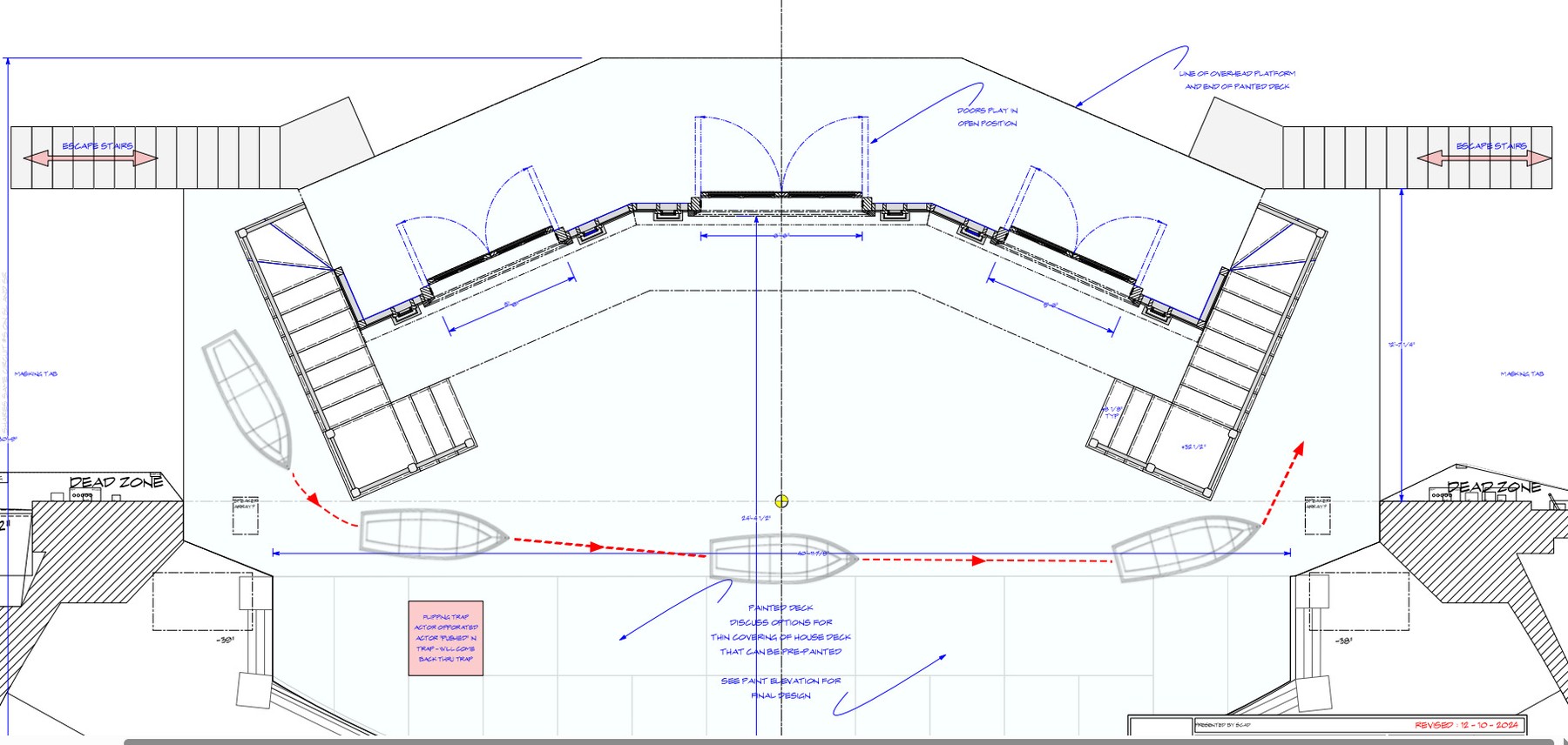 Stage floor plan showing the boat's blocking path