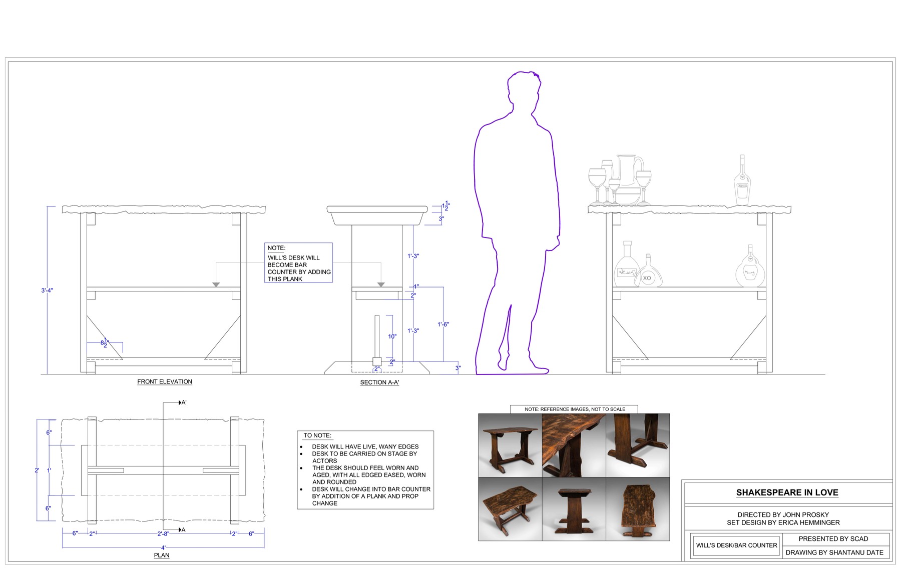 Technical drawing of Will's desk, convertible into the bar counter